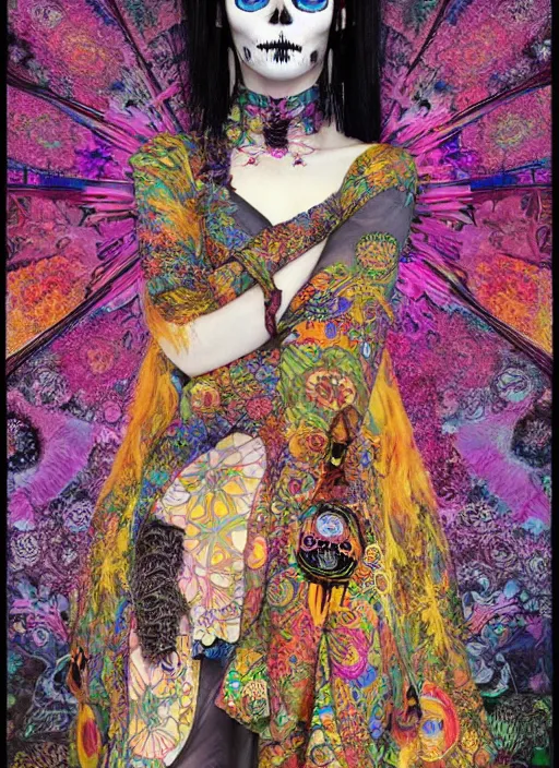 Image similar to cute punk goth fashion hippy fractal Día de los Muertos android girl wearing kimono made of light posing by Zhang Jingna, psychedelic poster art of by Victor Moscoso Rick Griffin Alphonse Mucha Gustav Klimt Ayami Kojima Amano Charlie Bowater, masterpiece