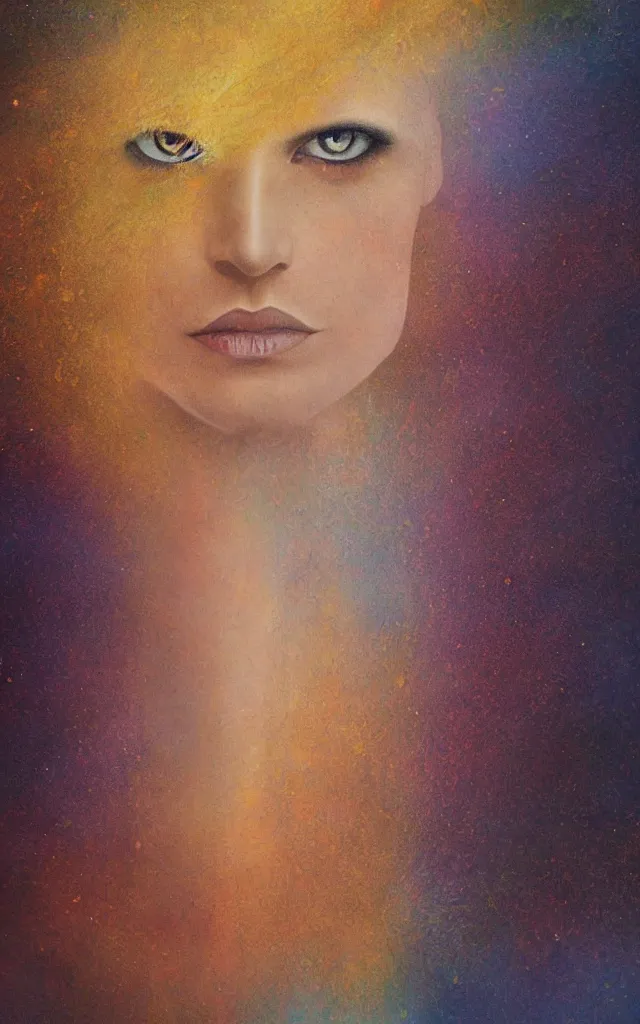 Image similar to iridescent spirit of desire and fear cruel beautiful spirit (androgynous) with golden eyes lunar mythos ambient fog, award winning oil painting, lunar color palette