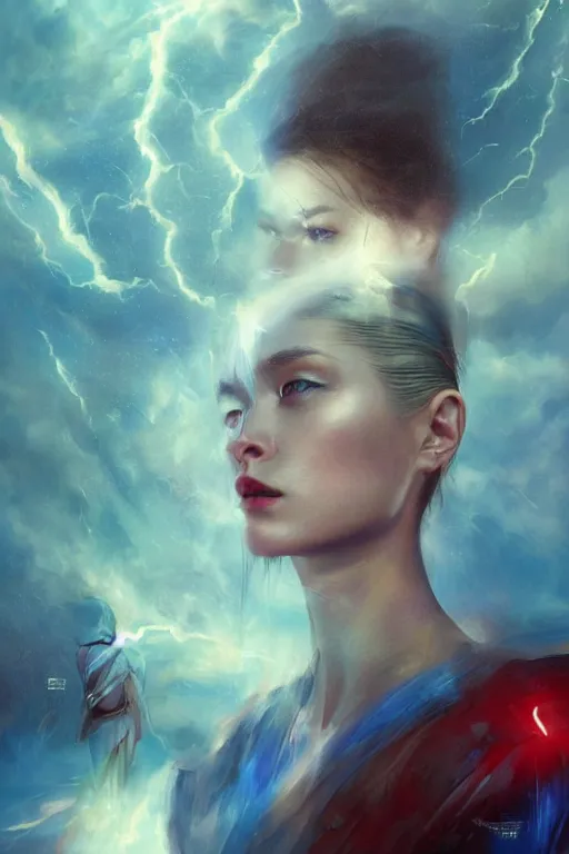 Image similar to 3 d, sci - fi, morning, sleepy fashion model face, sun, cinematic, lightning clouds, vogue cover style, poster art, light red and deep blue mood, realistic painting, intricate oil painting, high detail, figurative art, multiple exposure, poster art, 3 d, by tooth wu and wlop and beeple and greg rutkowski