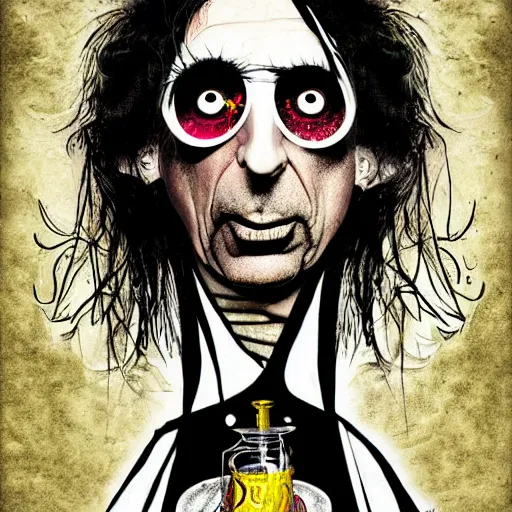 Image similar to graphic illustration, creative design, alice cooper as a nun, biopunk, francis bacon, highly detailed, hunter s thompson, concept art, mixed media