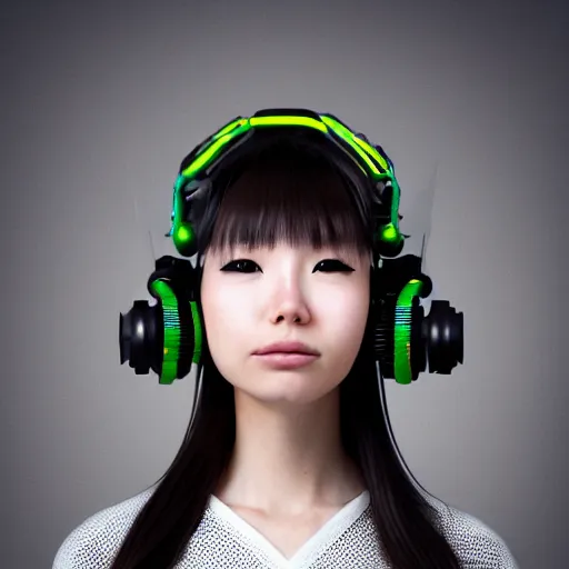 Prompt: photorealistic portrait of cute cyber punk geisha girl from Japan. she is wearing heavy complicated future headsets. award winning, taken by canon 5d mk4, art lens, perfect lighting, sci-fi, at 2200