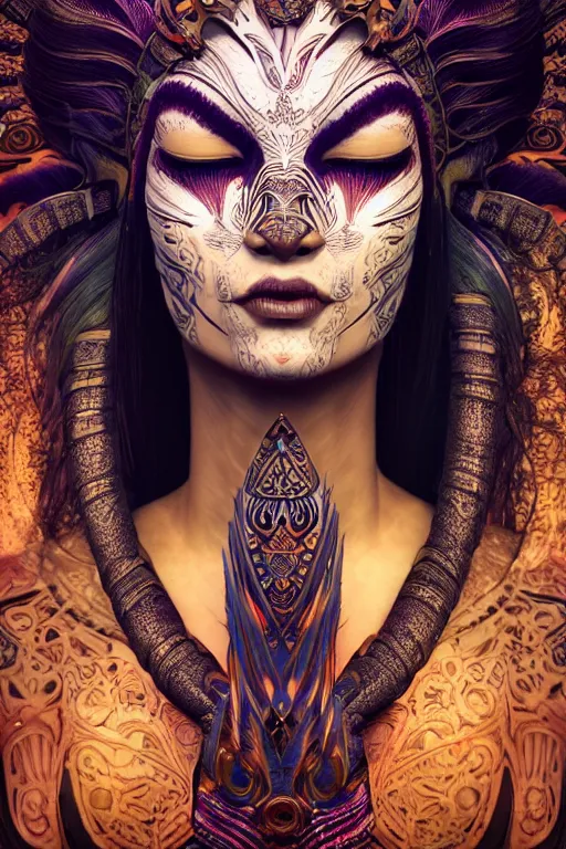 Prompt: a centered full body render of an alluring goddess wearing a tribal mask surrounded by a underwater ink pour and flowing liquid galiumand sacread geometry, perfect face, powerful, cinematic, beautifully lit, by artgerm, by karol bak, by viktoria gavrilenko, 3 d, trending on artstation, octane render, 8 k