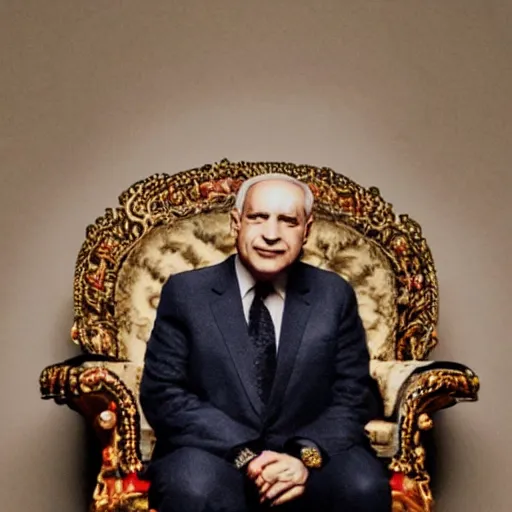 Image similar to king Bibi sitting on a throne