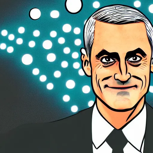 Image similar to digital illustration of secretary of denis mcdonough face, cover art of graphic novel, eyes replaced by glowing lights, glowing eyes, flashing eyes, balls of light for eyes, evil laugh, menacing, Machiavellian puppetmaster, villain, clean lines, clean ink