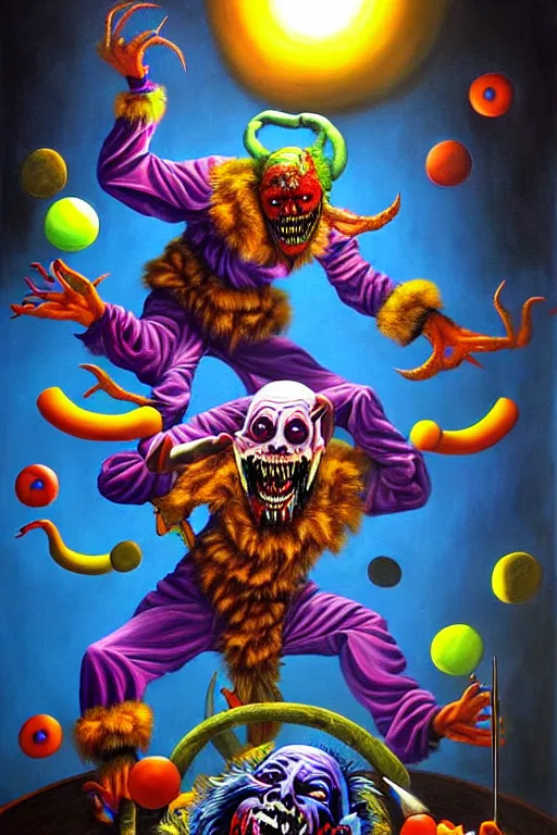 Image similar to a hyperrealistic painting of a epic boss fight against evil jester juggling knives, cinematic horror by chris cunningham, lisa frank, richard corben, highly detailed, vivid color,