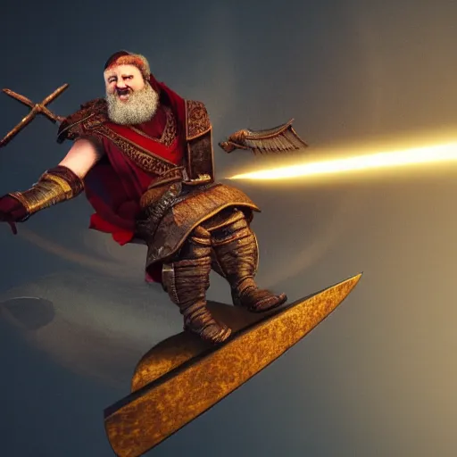 Image similar to dwarven smith riding on top of a sword like a broomstick, soaring, quidditch, 8 k, cinematic, octane render, energetic