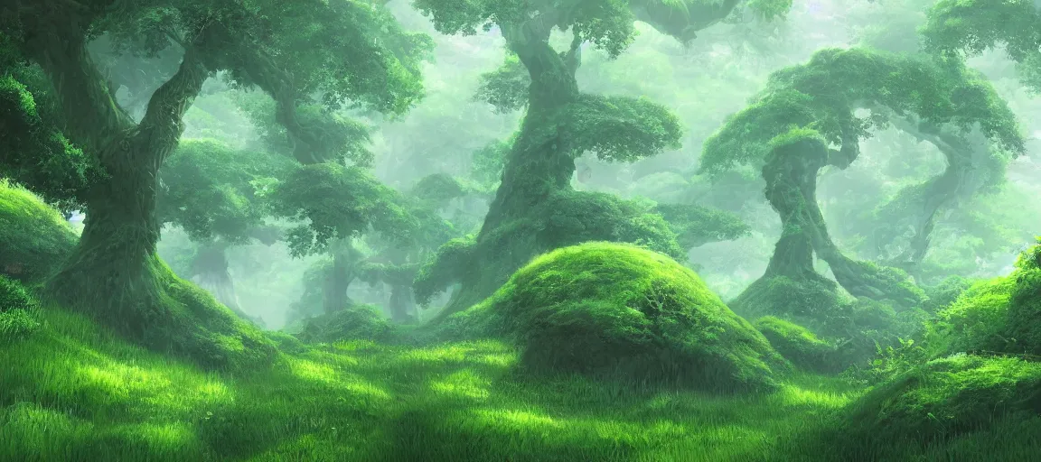 Image similar to A lush green forest by Ghibli Studio, digital art, immaculate scale