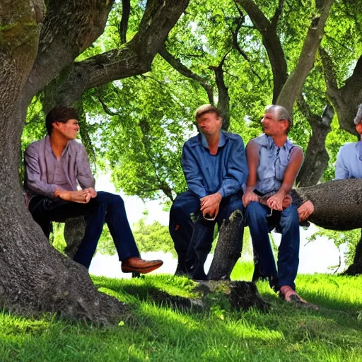 Image similar to 4 men resting by an oak tree