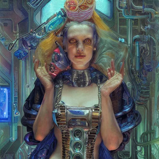 Prompt: portrait of a cyberpunk alice in wonderland, by donato giancola.