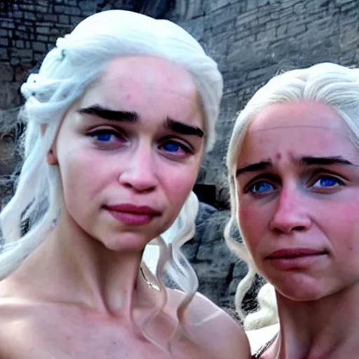 Prompt: a selfie of daenerys targaryen and daenerys targaryen, medium shot, detailed eyes,