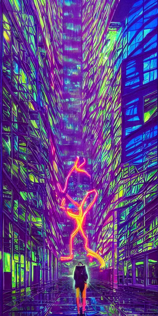 Prompt: a neon hooded thief penetrates into a psychedelic corporate building to steal the secrets of creativity, painted by James Gurney