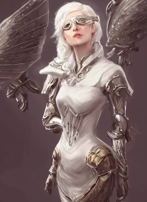 Image similar to a highly detailed illustration of white haired pale lady wearing blindfold, wearing dieselpunk armor dress with iron wings, dramatic floating pose, intricate, elegant, highly detailed, centered, digital painting, artstation, concept art, smooth, sharp focus, league of legends concept art, wlop