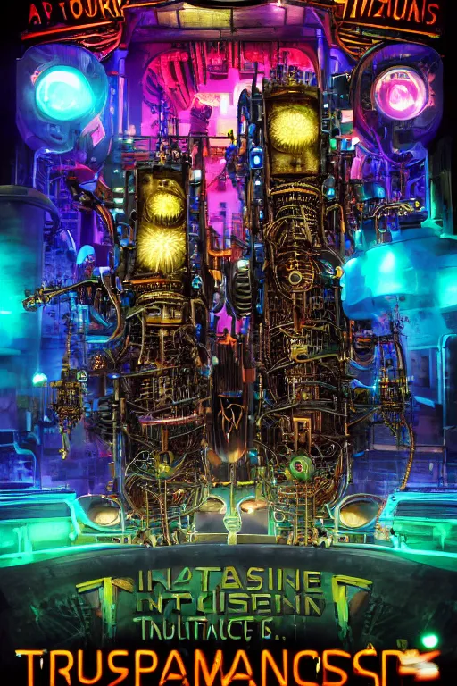 Image similar to a concert poster, tourname is invasion of the tripmachines, realistic digital art, 3 d render of two huge futuristic steampunk generators inside a steampunk machinery, 8 k, fluorescent colors, halluzinogenic, multicolored, exaggerated detailed, unreal engine