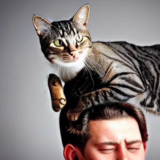 Image similar to a cat on top of a young man ’ s head