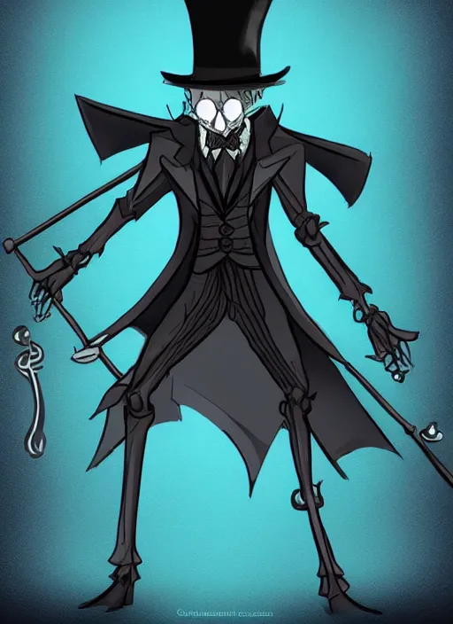 Image similar to DND character concept, skeletal male figure, wearing a deep black suit!!! and tie and top hat, holding a gold! cane!. Surrounded by light blue!!! flames!!