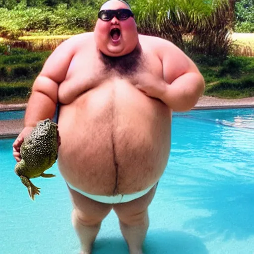 Prompt: a leaked photo of fat man holding the worlds largest toad. the fat man is wearing a swimsuit, 1 9 9 8 sunglasses and he is screaming