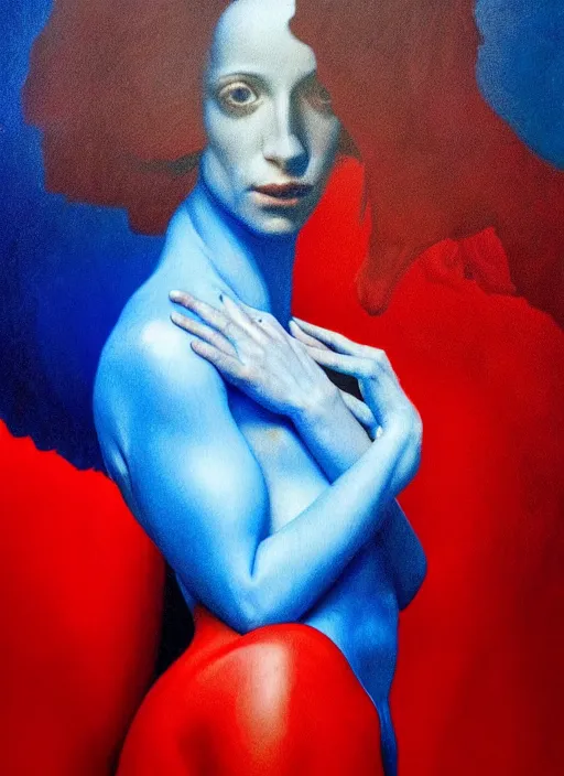 Image similar to only with blue, ney motogrosso in love with a red stallion, too many hands in all directions, in hoc signo vinces, waterfall, in the style of leonora carrington, gottfried helnwein, intricate composition, blue light by caravaggio, insanely quality, highly detailed, masterpiece, red light, artstation