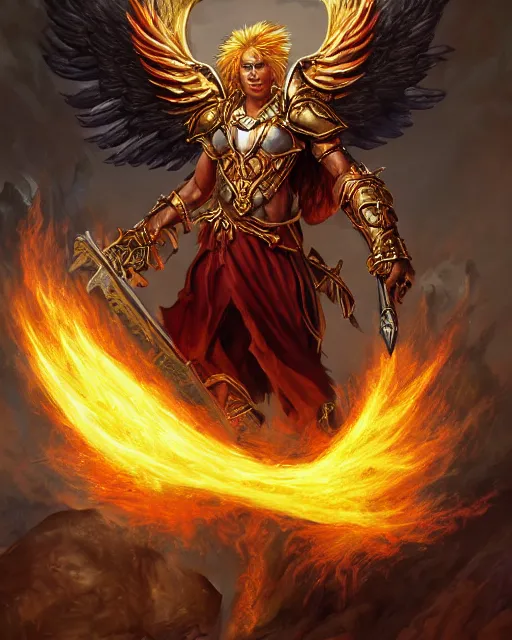 Prompt: mtg character portrait of a brawny male leonin warrior african lion angel of justice, with fiery golden wings of flame, wearing shining armor, wielding a flaming sword and holding a large fiery shield, by peter mohrbacher, mark brooks, jim burns, wadim kashin, greg rutkowski, larry elmore, esao andrews, george pemba, trending on artstation