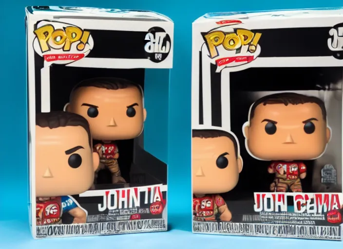 Image similar to product still of John Cena funko pop with box, 85mm f1.8