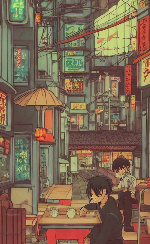 Image similar to pho, rainy day, anime, japan, ghibli, 9 0 s, retro style, aesthetic, chill, room