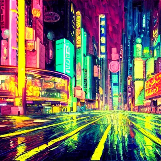 Prompt: an impressionist oil painting of a cyberpunk city with a lot of neon signs, highly detailed, texture, masterpiece, trending on artstation, pink, purple, huge scale, beautiful, isometric projection