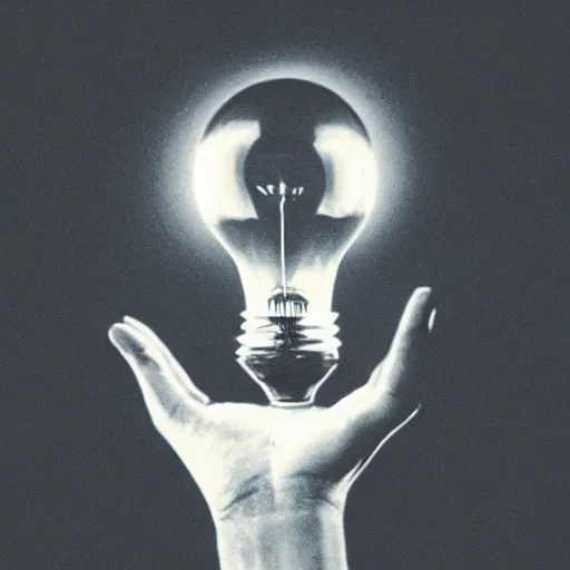 Prompt: hand holding a gleaming lightbulb, polaroid photo, surreal,