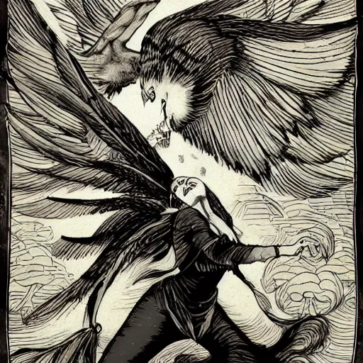 Prompt: precisely drawn illustration o flying harpy, old-fashioned tarot card, victorian playing card, sepia tone, wide angle, sharp, fine details, French comic style, cyberpunk, intense line art, 8k, precise linework, realistic, shaded lighting by katsuhiro otomo ghost-in-the-shell, magali villeneuve, artgerm, rutkowski Jeremy Lipkin and Giuseppe Dangelico Pino and Michael Garmash and Rob Rey and Moebius