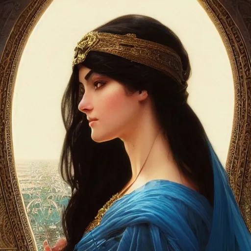 Image similar to ameera al taweel, bright blue eyes, long wavy black hair, white veil, front , highly detailed, digital painting, artstation, concept art, smooth, sharp focus, illustration, ArtStation, art by artgerm and greg rutkowski and alphonse mucha and J. C. Leyendecker and Edmund Blair Leighton