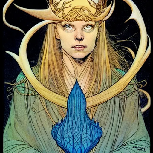 Image similar to a beautiful portrait of sanna!!!!! marin!!!!!, the young female prime minister of finland as a druidic wizard by rebecca guay, michael kaluta, charles vess and jean moebius giraud