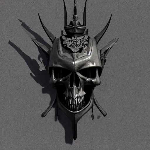 Image similar to a black sword skull crest, ornament, weapon, a 3 d render by dom qwek, studio lighting, front side view sheet, trending on polycount, hard surface modeling, rendered in maya, 3 ds max, blender, artstation hd, vray