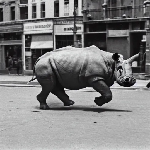 Image similar to photograph of a rhinoceros running down a crowded street