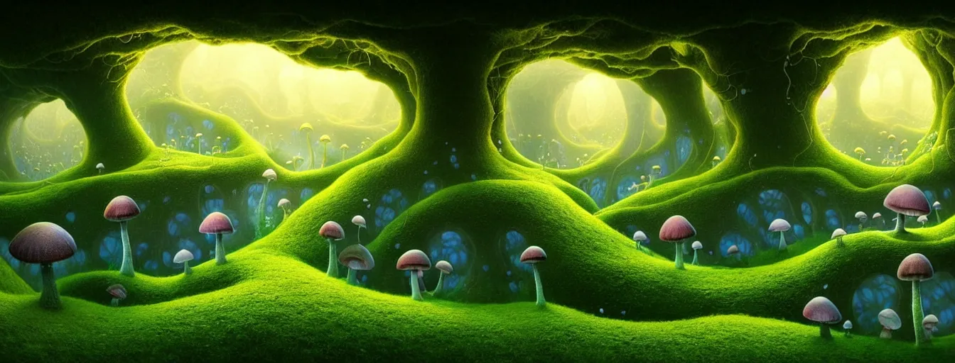 Image similar to gediminas pranckevicius beautiful and stunning professional digital artwork of a glowing mushroom cave haze spores floating in the air vines flow water volumetric lighting, hyperrealistic, rtx on, ultra detail, barlowe wayne, maxfield parrish and marco mazzoni, holes, infinite mirror, fragments | no signature!