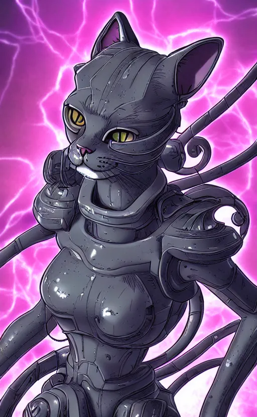 Image similar to portrait of a cat in a battlesuit in the style of masamune shirow 4 k, intricate, highly detailed, cinematic lighting