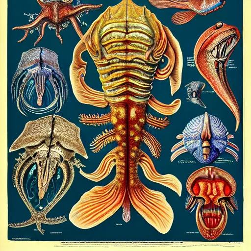 Image similar to alien fish anatomy by ernst haeckel, masterpiece, vivid, very detailed