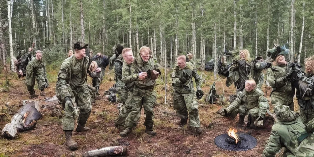 Prompt: really funny accident in finnish army, most insane scene in the forest in the style of action movie by tony scott, people laughing in the woods, campfire and tents, comicbook art by stan lee