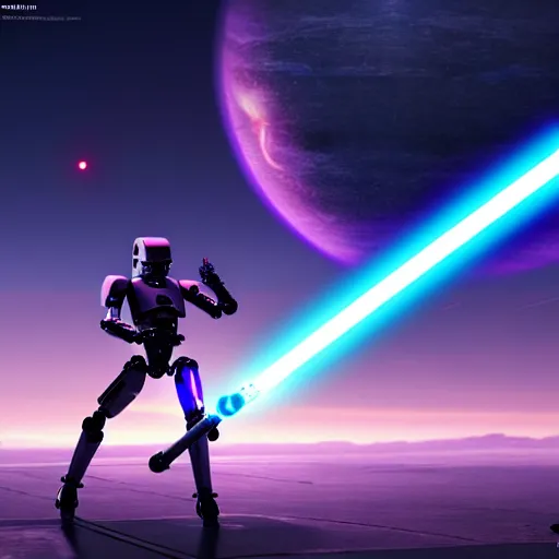 Image similar to humanoid robot wielding lightsaber in front of a violet planet, unreal engine, featured on cgsociety, trending on artstation, detailed, scifi futuristic character concept, greg rutkowski, movie poster, octane render, hyperrealistic, cinematic