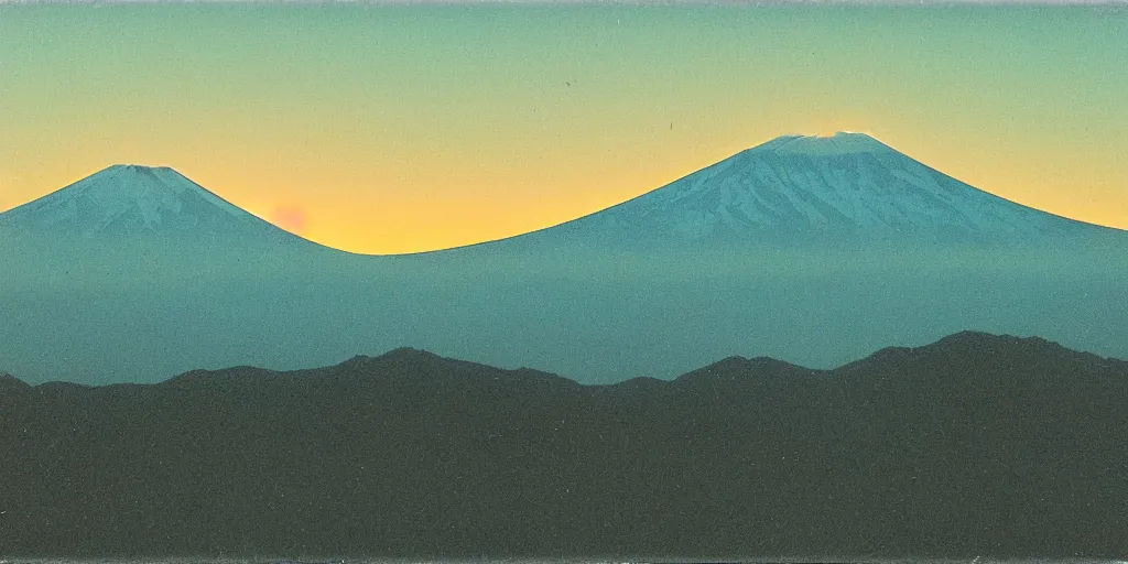 Prompt: a grainy polaroid photograph of the mont fuji at the golden hour