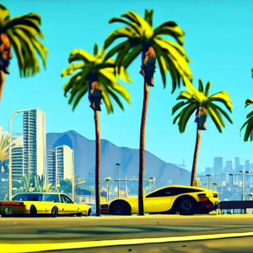 Image similar to yellow in gta v. los santos in background, palm trees in the art style of stephen bliss, 4 k