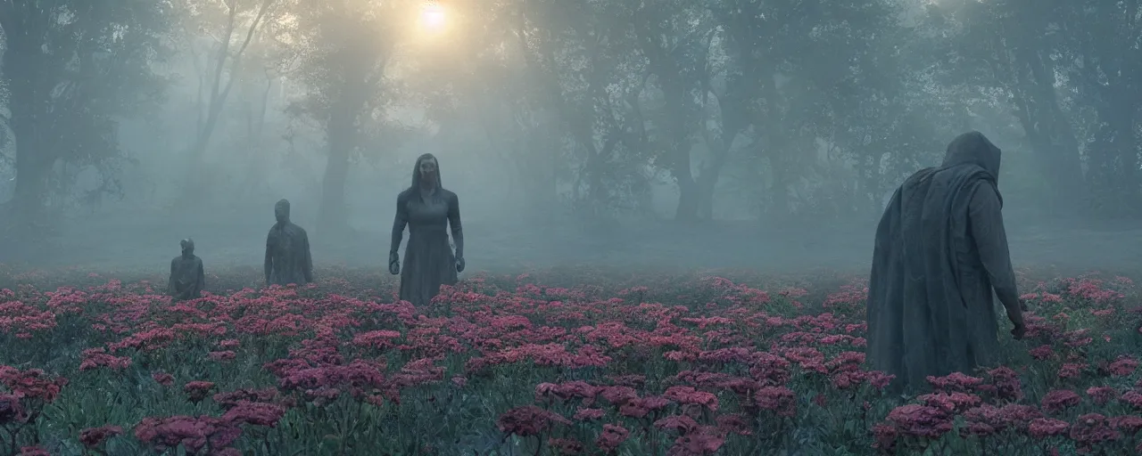 Prompt: dwayne johnsons in surrounded by flowers at dawn, foggy, sun rays, cinematic shot, photo still from movie by denis villeneuve, wayne barlowe