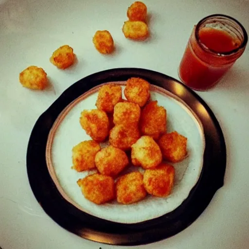 Image similar to food photo of channing tatum's face as tater tot on a plate with ketchup