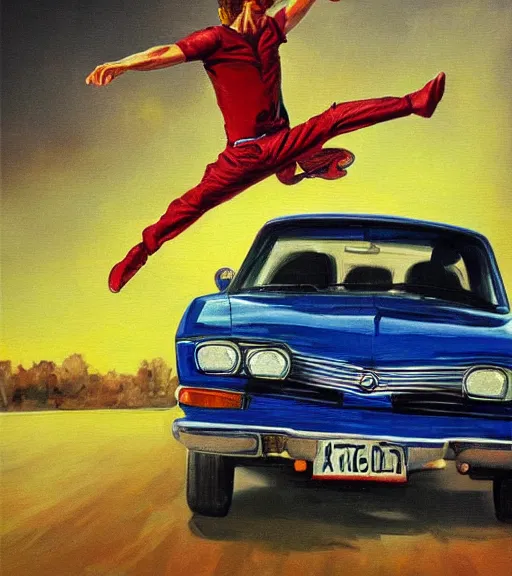 Image similar to high quality high detail painting by alberto mielgo, man jumping over a car, hd