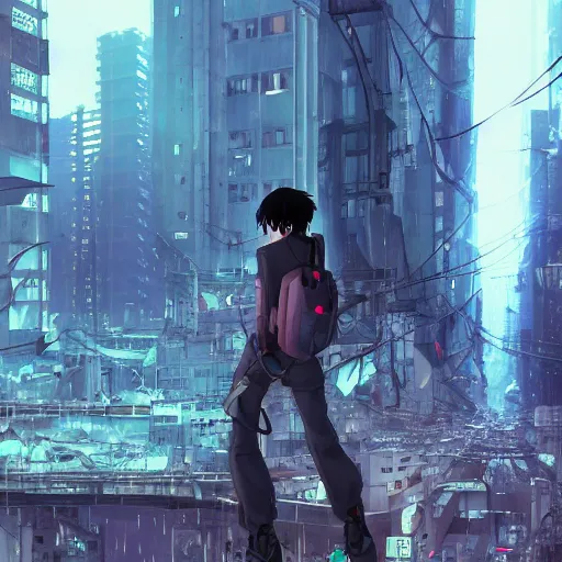 Prompt: android mechanical cyborg in overcrowded urban dystopia raining makoto shinkai wide angle shot