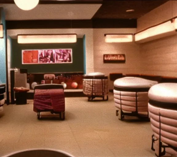 Prompt: color film still of a starbucks coffee massage shop in 1985