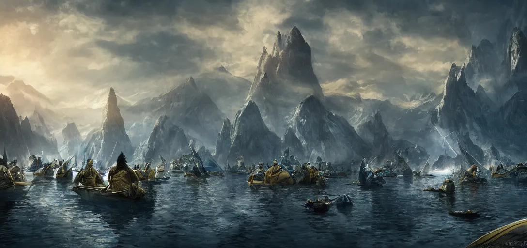 Image similar to cinematic, high - fantasy, market aquare, blue and gold boats, dozens of people, hybrid from the lord of the rings and art direction by darius zawadzki, sharp focus, highly detailed, wideangle epic scale, dynamic dramatic lighting, shadows, cinematic atmosphere, artstation, hyperrealistic, 8 k 4 k uhd image