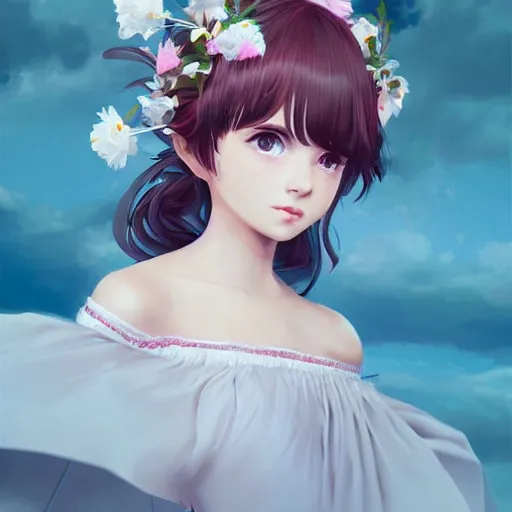 Prompt: little girl with flowers in hair wearing an white dress. art by ilya kuvshinov, profile picture, inspired in hirohiko araki, realistic, highly detailed, 8 0 s anime art style