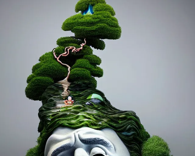 Prompt: a massive porcelain sculpture on a mountain lake of bob ross's face spewing a little happy tree from his mouth, in the style of johnson tsang, funny sculpture, lucid dream series, cinematic, hyper - realistic, very detailed, realistic water splashes, ray tracing, 8 k resolution, long - shot, sharp focus, low angle, 8 5 mm photograph, wide lens