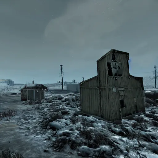 Image similar to iceland, winter in ruins post - nuclear war in fallout 4, in game screenshot