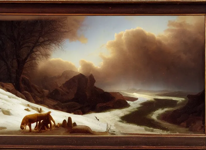 Prompt: earth after the cretaceous – paleogene extinction event, a harsh winter cools down the earth, blizzards envelop the lands and barely any sunlight gets through the thick dust clouds, in the style of hudson river school of art, oil on canvas