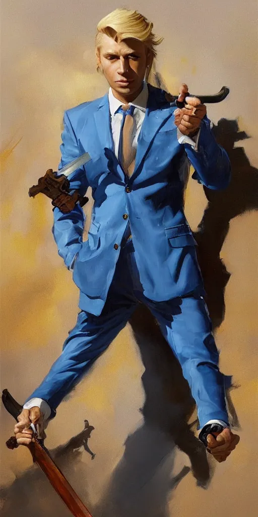 Image similar to greg manchess portrait painting of a blond man in a blue suit with a sword and a pistol, asymmetrical, profile picture, organic painting, sunny day, matte painting, bold shapes, hard edges, street art, trending on artstation, by huang guangjian, gil elvgren, ruan jia, randy vargas, greg rutkowski