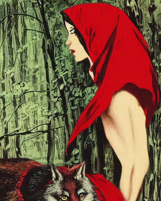 Prompt: red riding hood meeting the big bad wolf after straying from the path, 1 9 7 0 s, seventies, wallpaper, delicate embellishments, painterly, offset printing technique, by brom, robert henri, walter popp